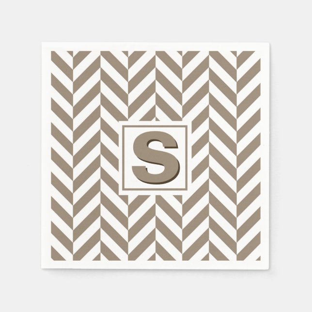 Servilleta De Papel Monograma de Herringbone Blanco Tan (Anverso)