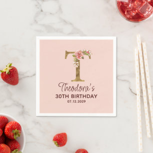 Servilleta De Papel Monograma de letra T dorada con rosas rosadas