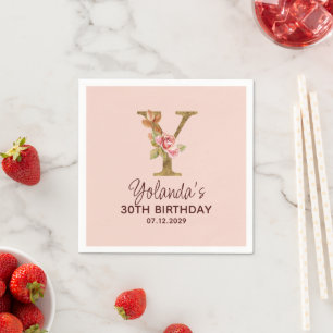 Servilleta De Papel Monograma de letra Y dorada con rosas rosadas