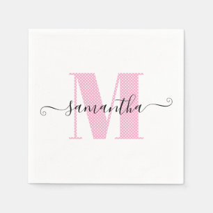 Servilleta De Papel Monograma de lunares rosa claro y blanco femenino