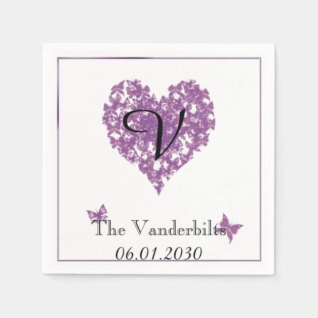 Servilleta De Papel Monograma de mariposa morada Boda Napkin (Anverso)