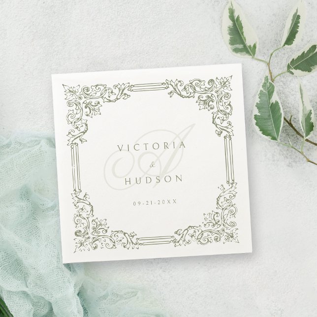 Servilleta De Papel Monograma de matrimonio elegante con marco de colo (Sage Green Vintage Frame Elegant Wedding Monogram Napkins)