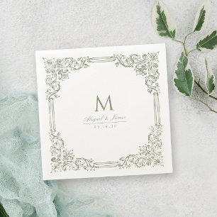 Servilleta De Papel Monograma de matrimonio elegante con marco de colo