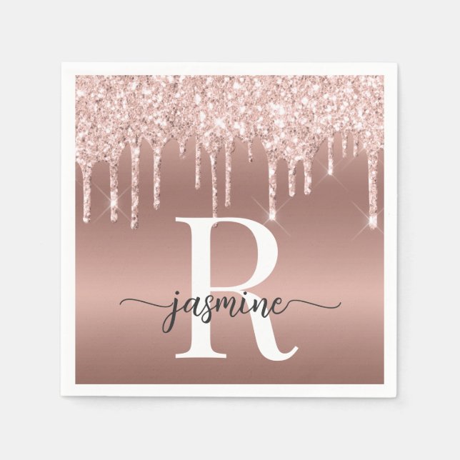 Servilleta De Papel Monograma de Metal con Drips de Brillo Rosa Oro El (Anverso)