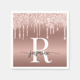 Servilleta De Papel Monograma de Metal con Goteo de Brillo Dorado Rosa