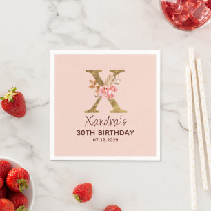 Servilleta De Papel Monograma de oro con letra X y rosas rosadas