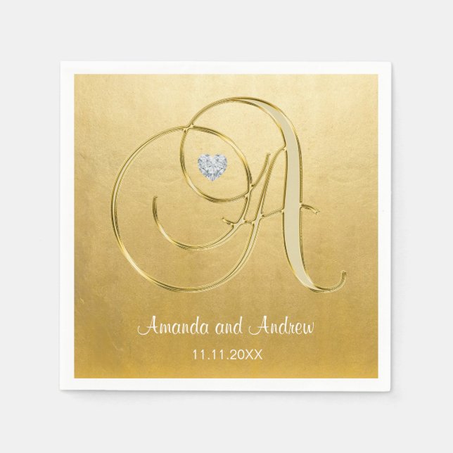 Servilleta De Papel Monograma de oro personalizado Iniciales Diamante  (Anverso)