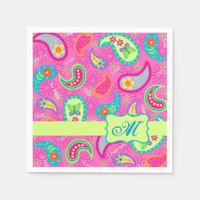 Servilleta De Papel Monograma de Paisley Moderno Rosado Caliente (Anverso)