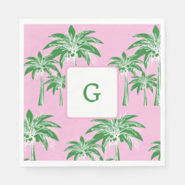 Servilleta De Papel Monograma de palma verde rosa veraniego playero
