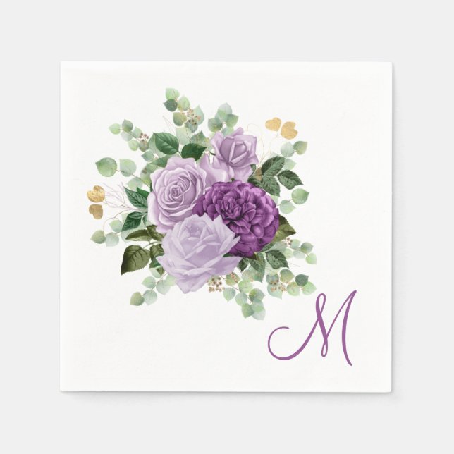 Servilleta De Papel Monograma de Rosas Purpúreas (Anverso)