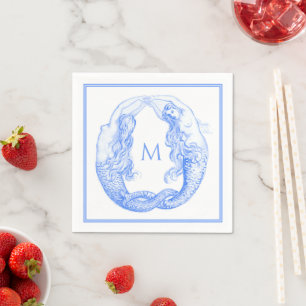 Servilleta De Papel Monograma de Sirenas Art Nouveau Delft Azul Vintag