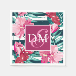 Servilleta De Papel Monograma de verano Flores exóticas rayadas