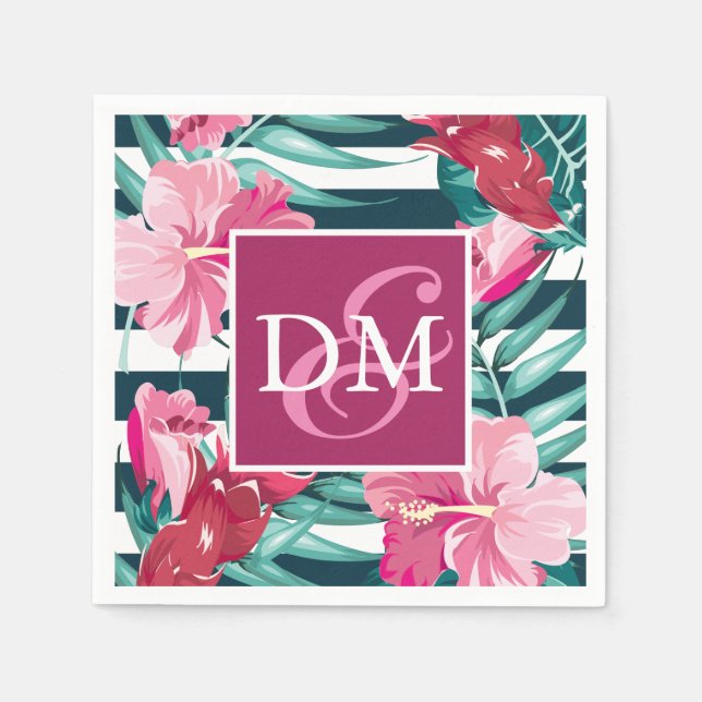 Servilleta De Papel Monograma de verano Flores exóticas rayadas (Anverso)