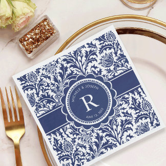 Servilleta De Papel Monograma del Boda azul y blanco William Morris