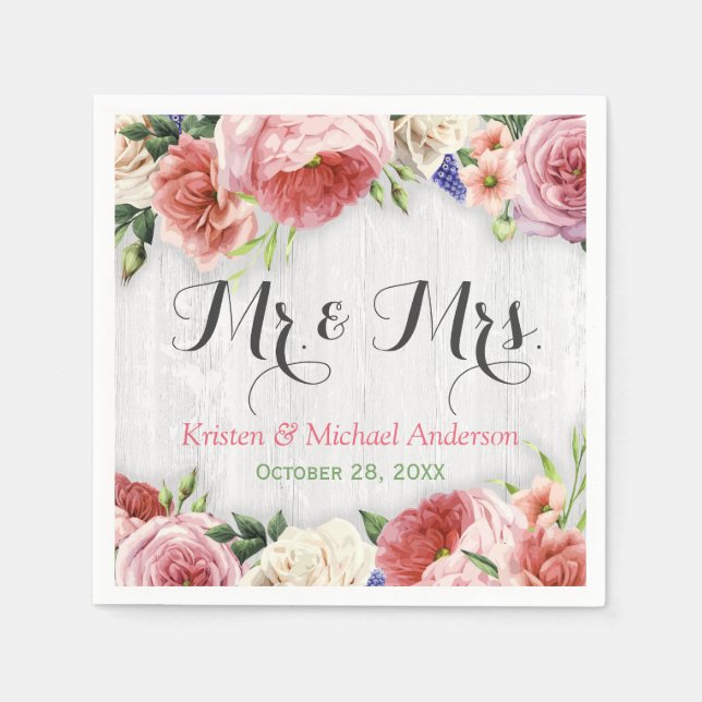 Servilleta De Papel Monograma del Boda de la madera blanca de las flor (Anverso)