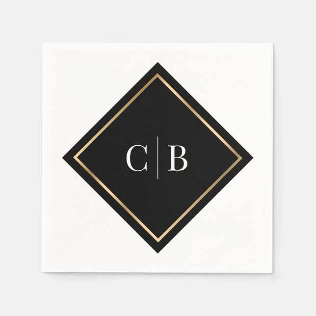 Servilleta De Papel Monograma del marco dorado blanco negro (Anverso)