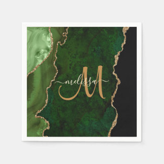 Servilleta De Papel Monograma del Purpurina de oro verde de moda Agate