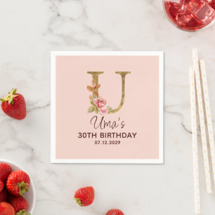 Servilleta De Papel Monograma dorado de letra U con rosas rosadas