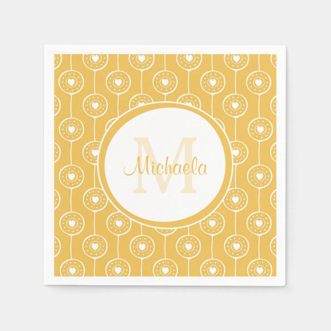Servilleta De Papel Monograma elegante amarillo y blanco con nombre (Anverso)