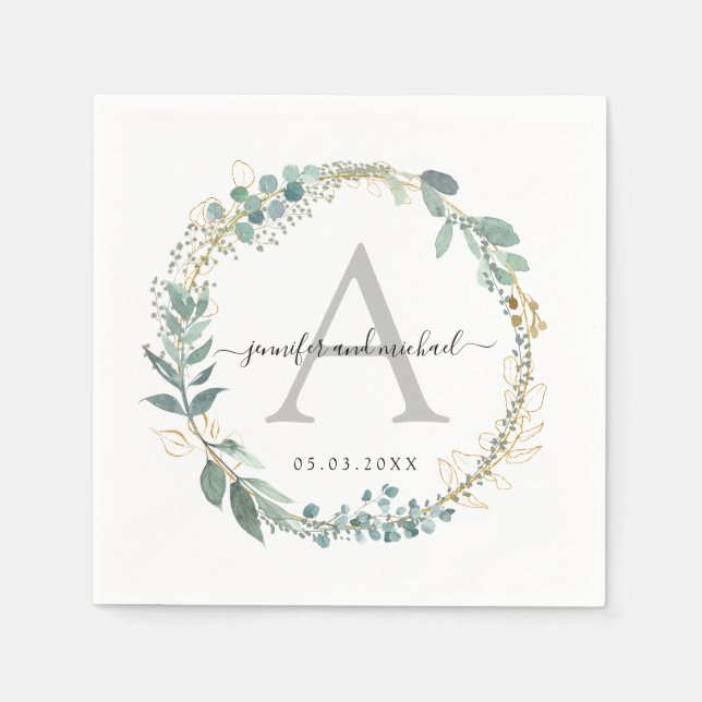 Servilleta De Papel Monograma, elegante boda de eucalipto (Anverso)