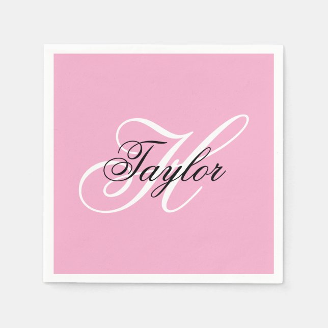 Servilleta De Papel Monograma Elegante en Rosa Blanco y Negro (Anverso)