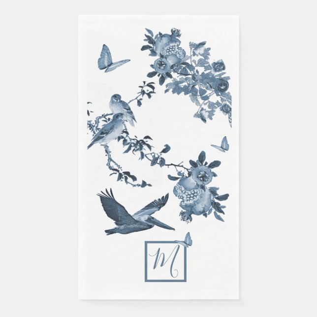 Servilleta De Papel Monograma elegante floral Chinoiserie azul blanco (Anverso)