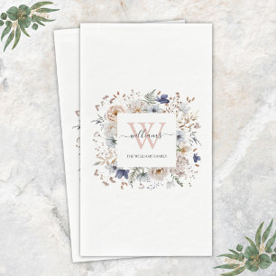 Servilleta De Papel Monograma Elegante Flores Azules Beige Bonito Flor