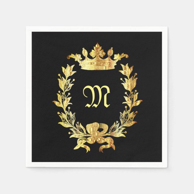 Servilleta De Papel Monograma elegante negro y dorado (Anverso)