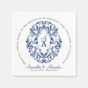 Servilleta De Papel Monograma Escudo impresión antigua Boda azul real