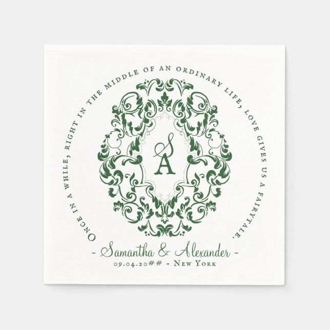 Servilleta De Papel Monograma Escudo Impresión antigua Boda verde esme (Anverso)