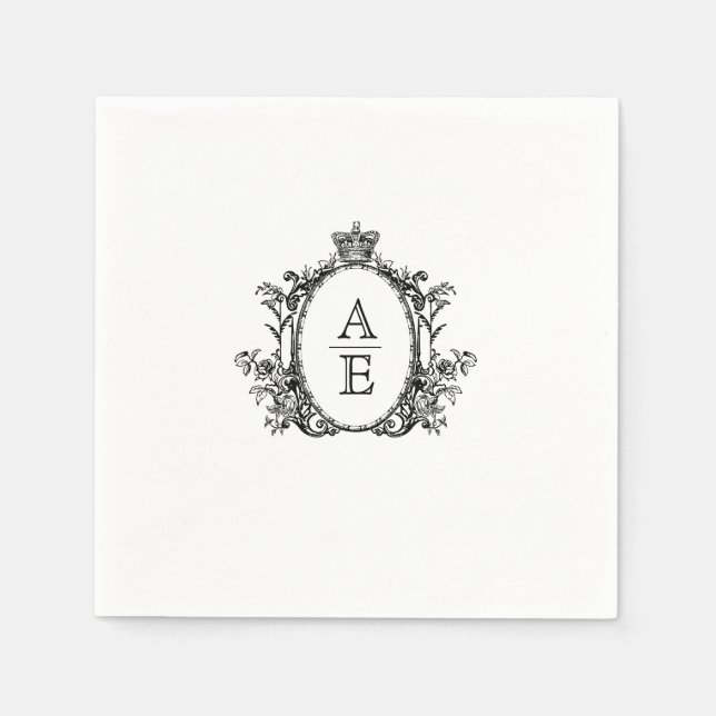 Servilleta De Papel Monograma Escudo romántico Boda blanco y negro (Anverso)