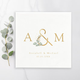 Servilleta De Papel Monograma, Eucalyptus Ampersand, Blanco y Oro