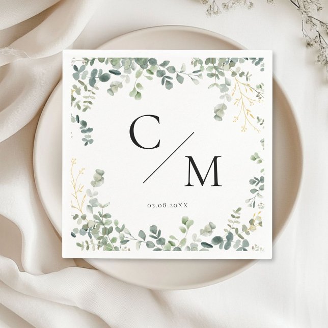 Servilleta De Papel Monograma Eucalyptus Boda (Monogram Eucalyptus Wedding Napkinswith your name and date.)
