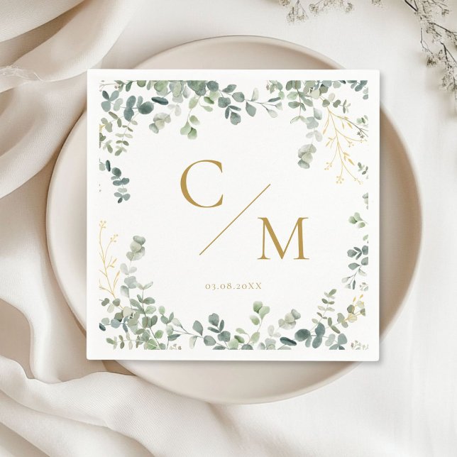 Servilleta De Papel Monograma Eucalyptus Boda (Monogram Eucalyptus Wedding Napkinswith your name and date.)