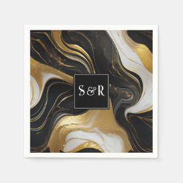 Servilleta De Papel Monograma Faux Gold, Black & White Marble Boda
