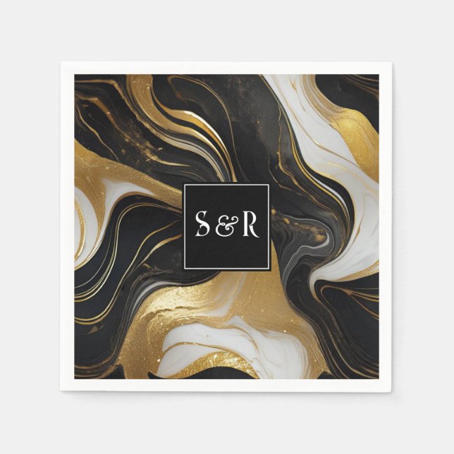 Servilleta De Papel Monograma Faux Gold, Black & White Marble Boda (Anverso)