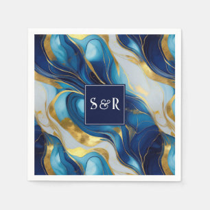 Servilleta De Papel Monograma Faux Gold, Blue and White Marble Boda
