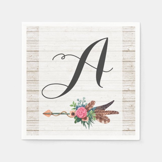 Servilleta De Papel Monograma Feathers Rustic Bohemian Arrow Boda (Anverso)