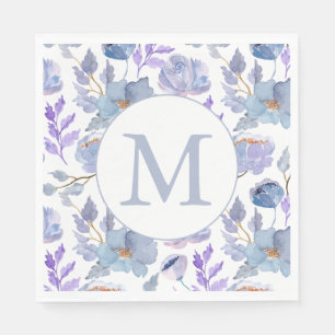 Servilleta De Papel Monograma Floral Acuarela Lila Azul Polvoriento Pr