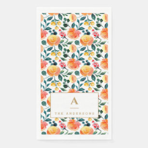 Servilleta De Papel Monograma Floral Acuarela Melocotón Naranja Famili
