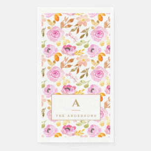 Servilleta De Papel Monograma floral acuarela rosa de verano para la f