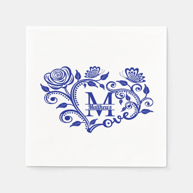 Servilleta De Papel Monograma floral azul de la marina personalizada M (Anverso)