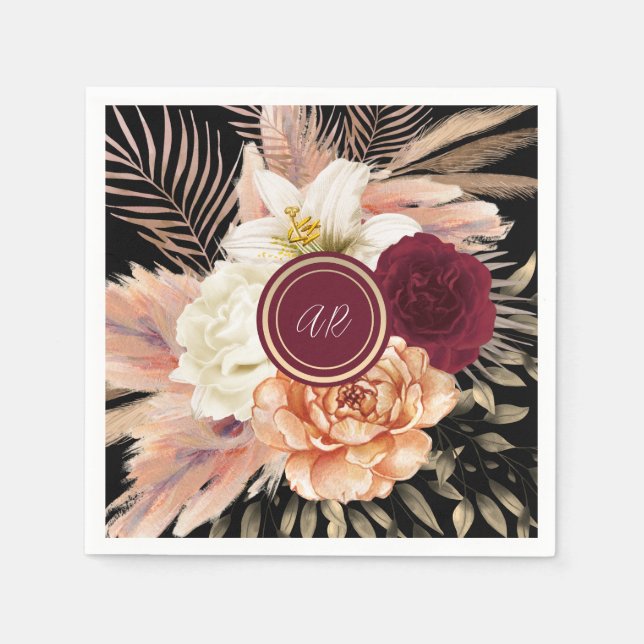 Servilleta De Papel Monograma Floral Negro de Boda (Anverso)