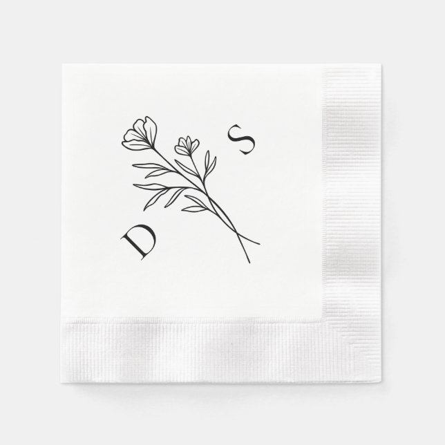 Servilleta De Papel Monograma floral simple en blanco y negro Boda (Anverso)