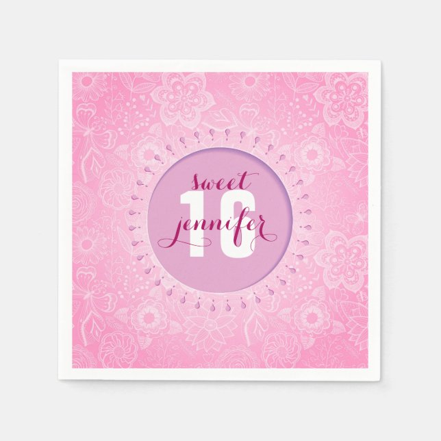 Servilleta De Papel Monograma Flores Y Mariposas Rosadas Y Blancas (Anverso)