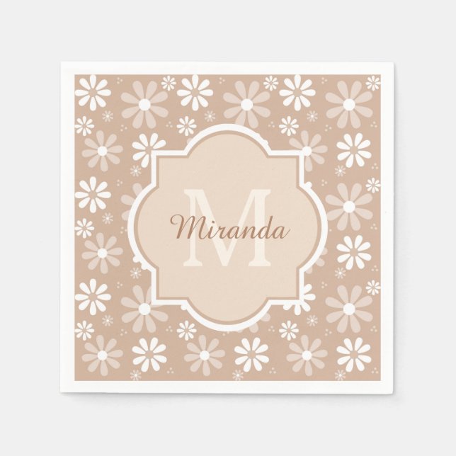 Servilleta De Papel Monograma Girly Cute Tan Daisy Flores y nombre (Anverso)