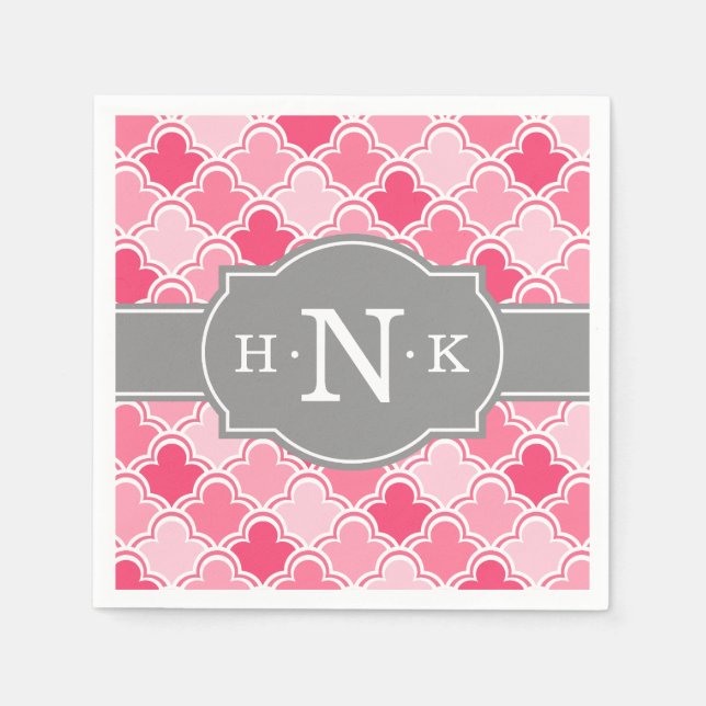 Servilleta De Papel Monograma gris del patrón de vieira rosada (Anverso)