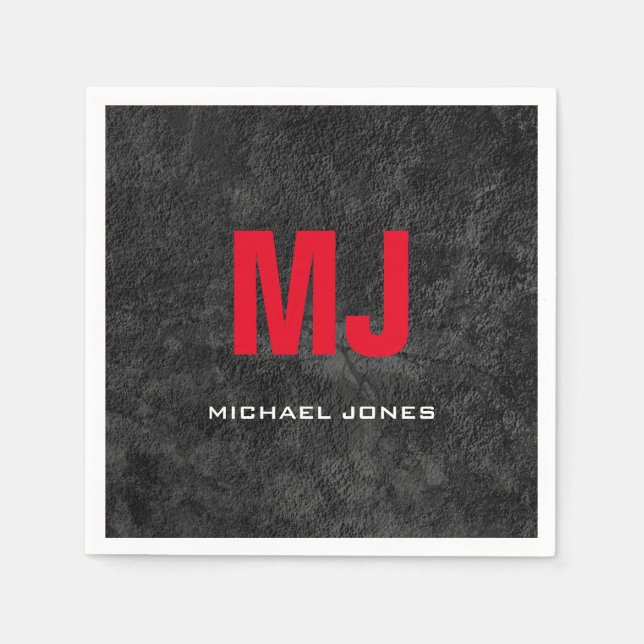 Servilleta De Papel Monograma gris rojo único de moda con tu nombre (Anverso)