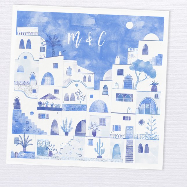 Servilleta De Papel Monograma inicial de Santorini Oia Boda (Santorini Greece blue and white wedding napkin with custom bride and groom initials)