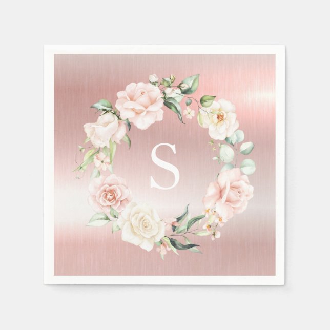 Servilleta De Papel Monograma metálico rosa Floral Rubor acuarela (Anverso)